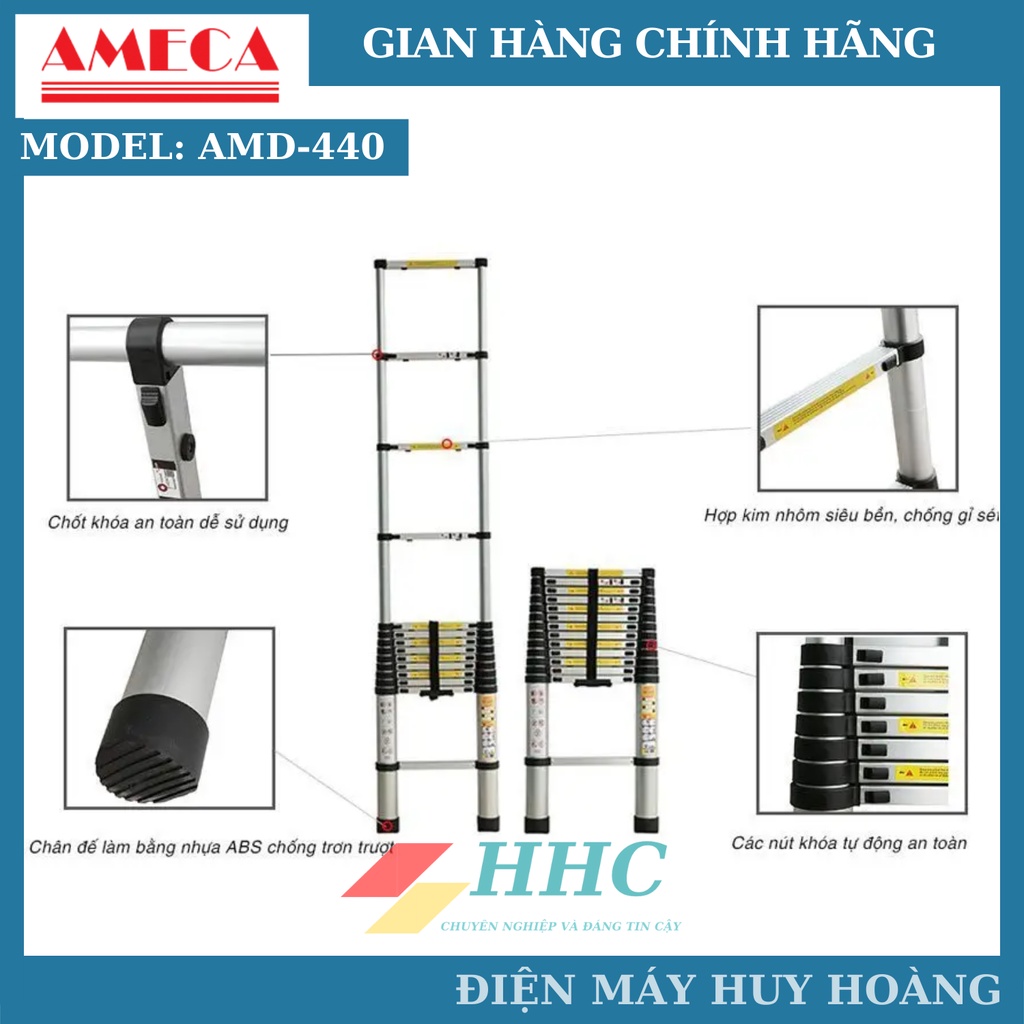 Thang nhôm rút đơn 14 bậc, thang nhôm xếp đơn AMECA AMD-440