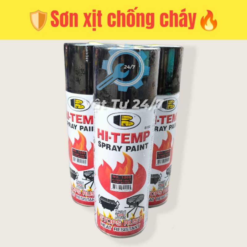 Sơn xịt chịu nhiệt độ cao chống cháy Bosny Thái Lan màu đen nhám xịt bề mặt bô xe hơi xe máy 400ml Giao Hỏa Tốc