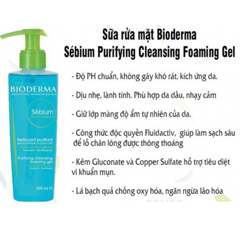 Sữa Rửa Mặt Bioderma Sebium Gel Moussant Tạo Bọt Cho Dầu, Mụn Và Da Hỗn Hợp - 200ml Hàng Pháp Chuẩn