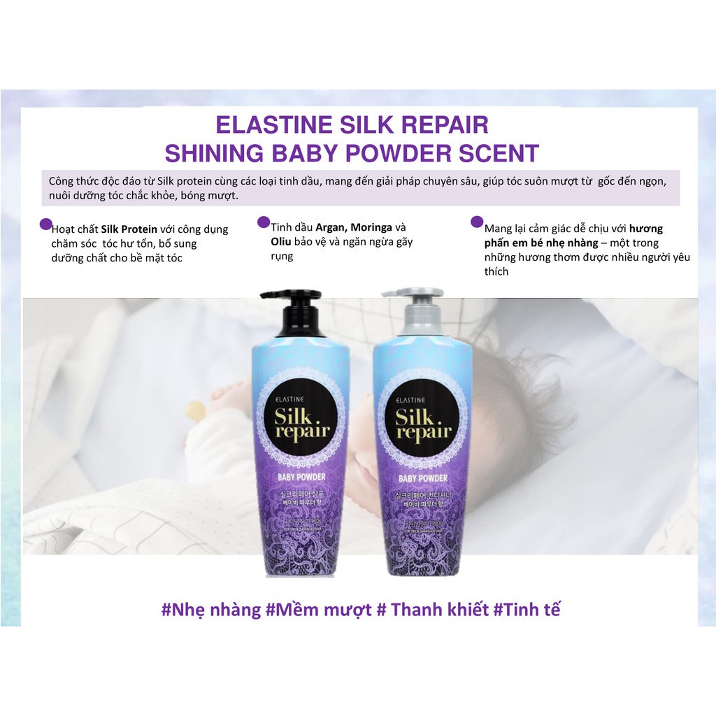 [Mua 10 tặng 2] 12 gói dầu gội chăm sóc và nuôi dưỡng tóc Elastine Silk Repair - hương Phấn em bé - gói 6ml