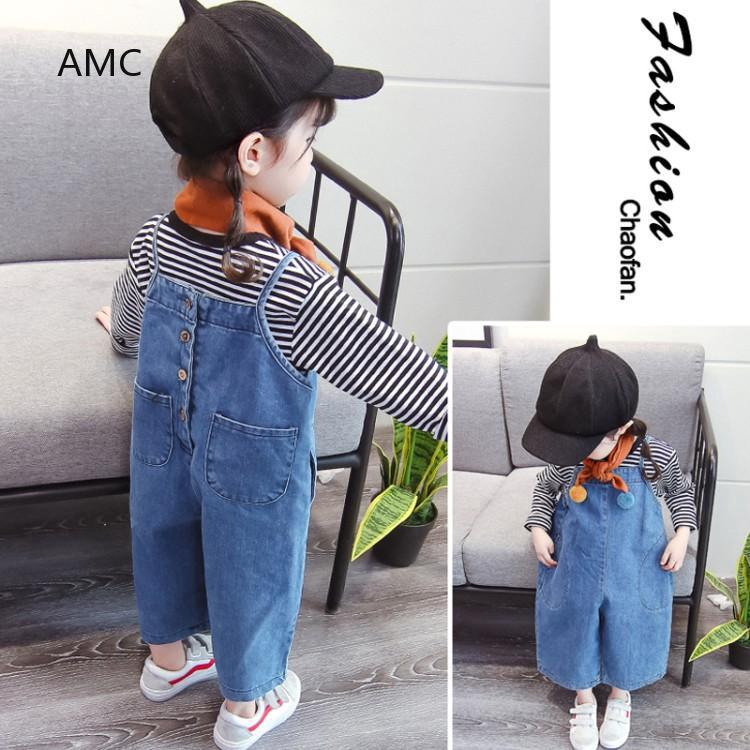 New female baby spring and autumn wear denim bib Korean version of the girl hanging bandwidth loose ocean wide leg pants