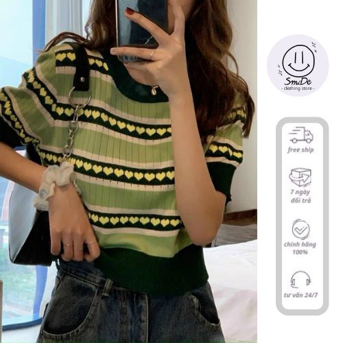 [XẢ HÀNG] Áo Len Cổ Tròn Xanh Trái Tim Tay Ngắn | Smide Clothing