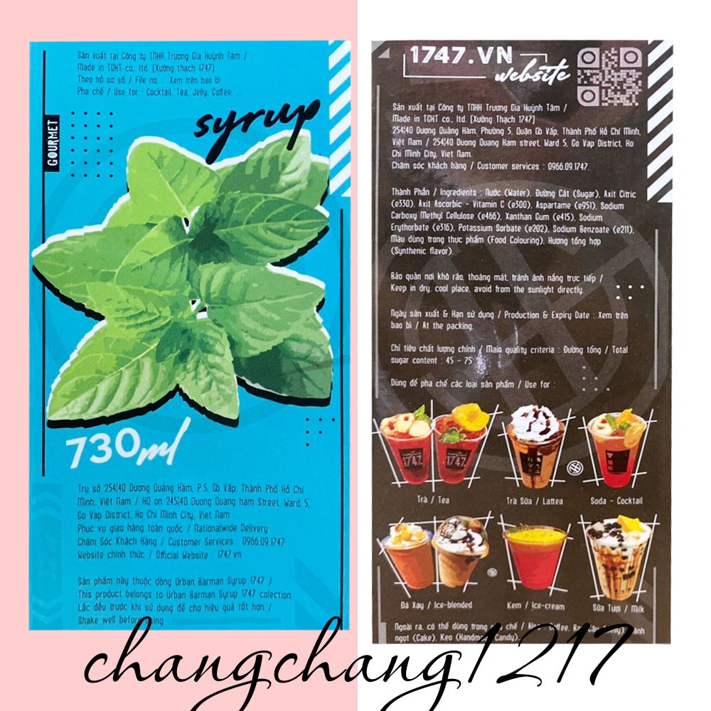 Siro Syrup Urban Barman 1747 Có Đủ Các Mùi Bình 730ml