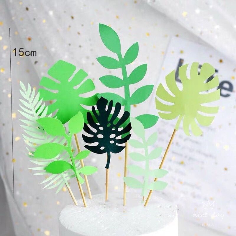 Bộ 7 que cắm lá cây trang trí bánh kem, set cây bằng vải dạ