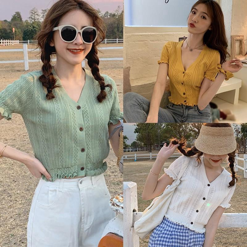 Áo Lửng Ngắn Tay Đính Nút Thời Trang Cho Nữ