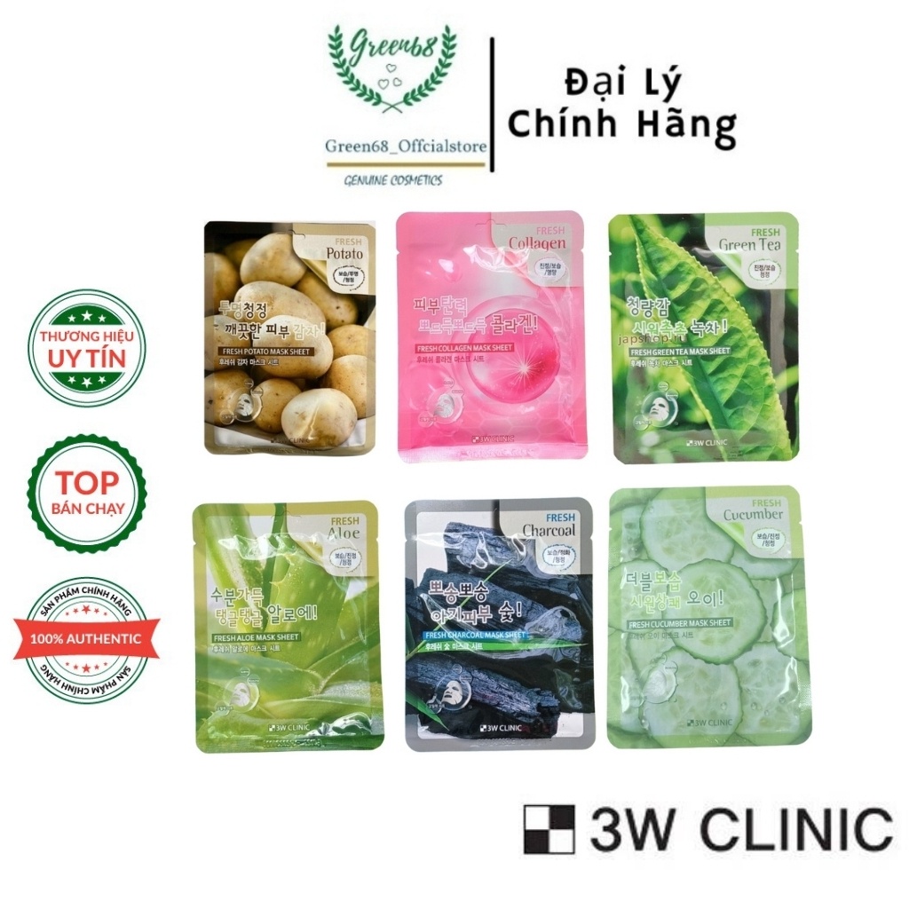 Mặt Nạ Hàn 3W Clinic Fresh Nha đam, Collagen, Khoai Tây, Than Hoạt Tính, Dưa Leo Cấp Ẩm Sáng Da, Săn Chắc Mịn Màng