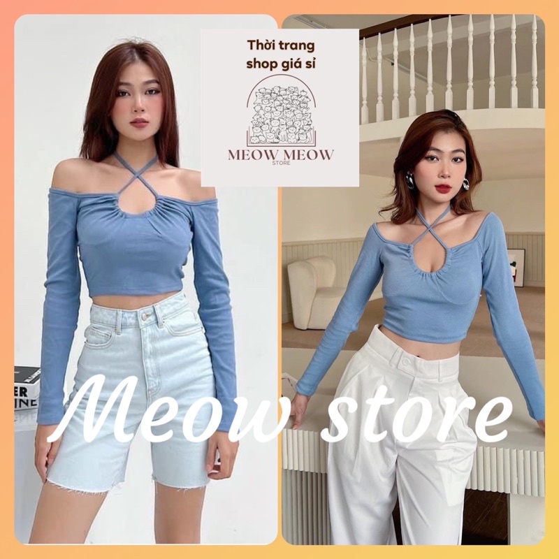 Áo trễ vai dây rút ngực cột cổ tay dài cá tính chất gân, áo tay dài cổ yếm rút dây cột cổ