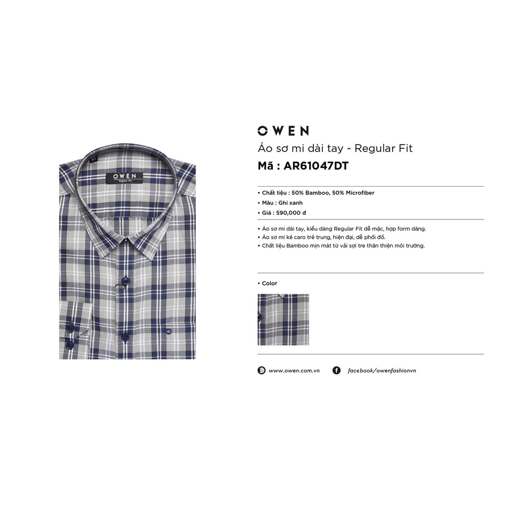 Áo Sơ Mi Nam Dài Tay Owen AR61047DT Somi Công Sở Cao Cấp Màu Xám Kẻ Caro Xanh Than Dáng Suông Có Túi Chất Sợi Tre