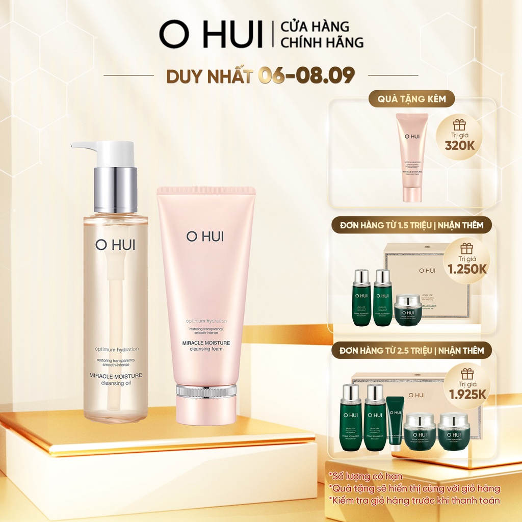 Combo làm sạch sâu dưỡng ẩm da Sữa rửa mặt O HUI Miracle Moisture Cleansing Foam 200ml và Dầu tẩy trang 150ml