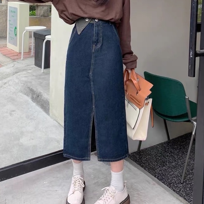 Chân váy jean kaki dáng dài, chân váy dài cạp cao hai màu xanh đen_A15