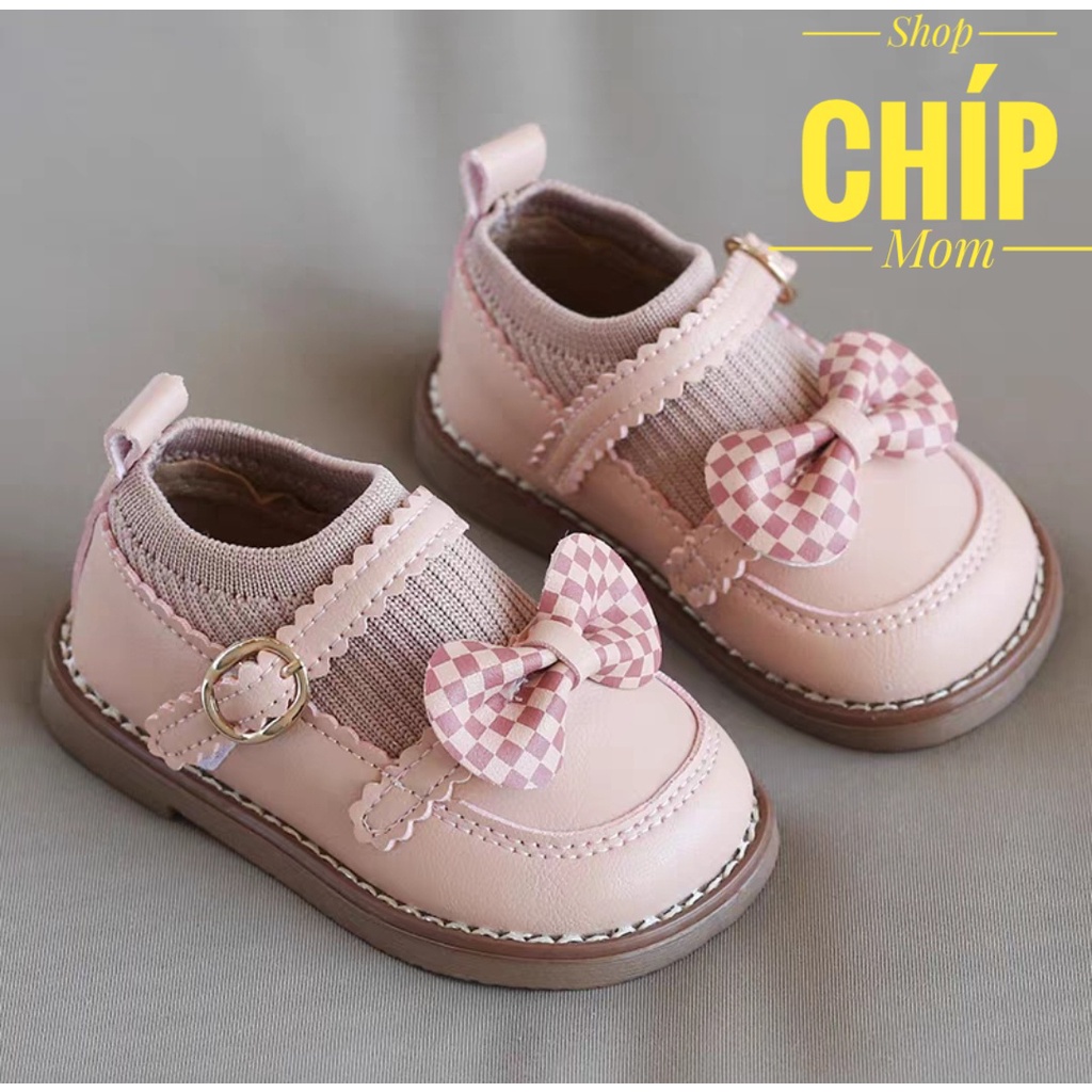 giày bé gái bốt thun co dãn cho bé da PU mềm siêu nhẹ nơ caro sinh xắn cho bé từ 6m QCCC full hộp A2233 ( có ảnh thật )