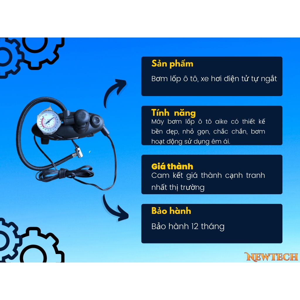 Bơm lốp ô tô, xe hơi điện tử tự ngắt AIKE - Bảo hành 12 tháng
