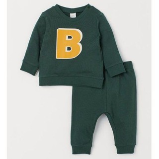 Set nỉ trần bông xanh rêu chữ B cho bé trai H&M authentic 💯