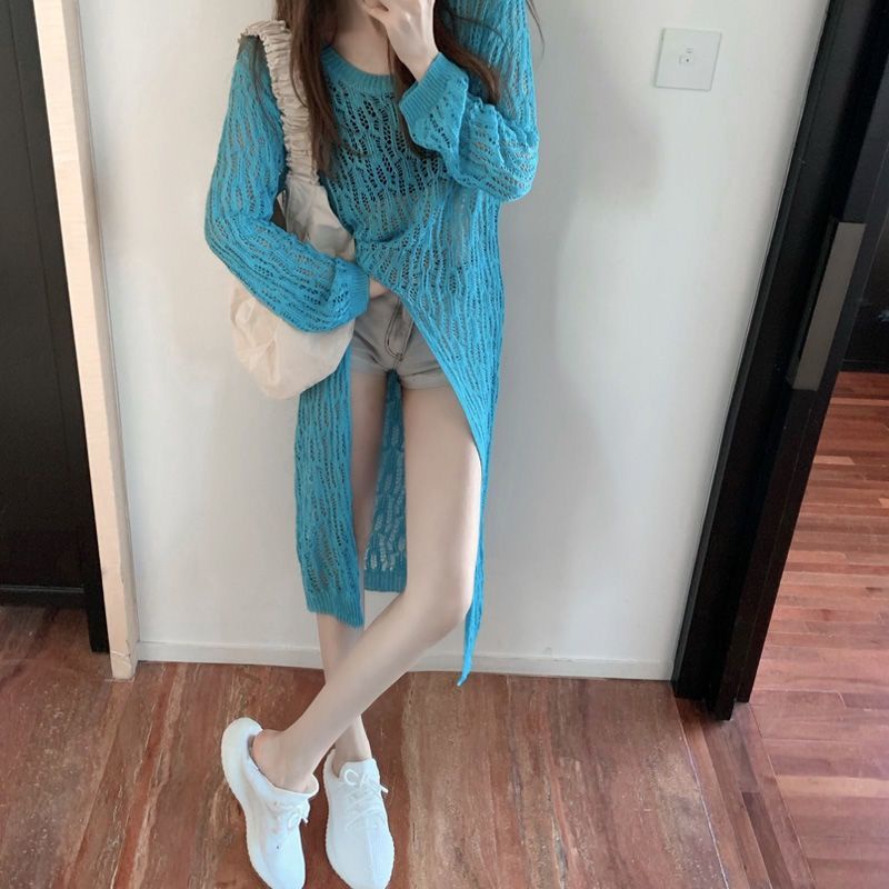 Áo sweater Dệt Kim Mỏng Màu Trơn Dáng Dài Chống Nắng Thiết Kế Khoét Lỗ Thời Trang Cho Nữ