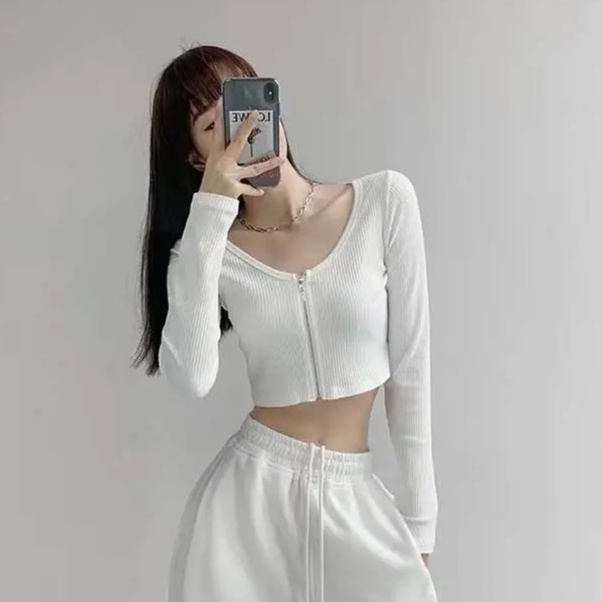 Happy-store ❤️ Áo croptop tay dài dây kéo thun gân - Crt dài tay dây kéo chất đẹp