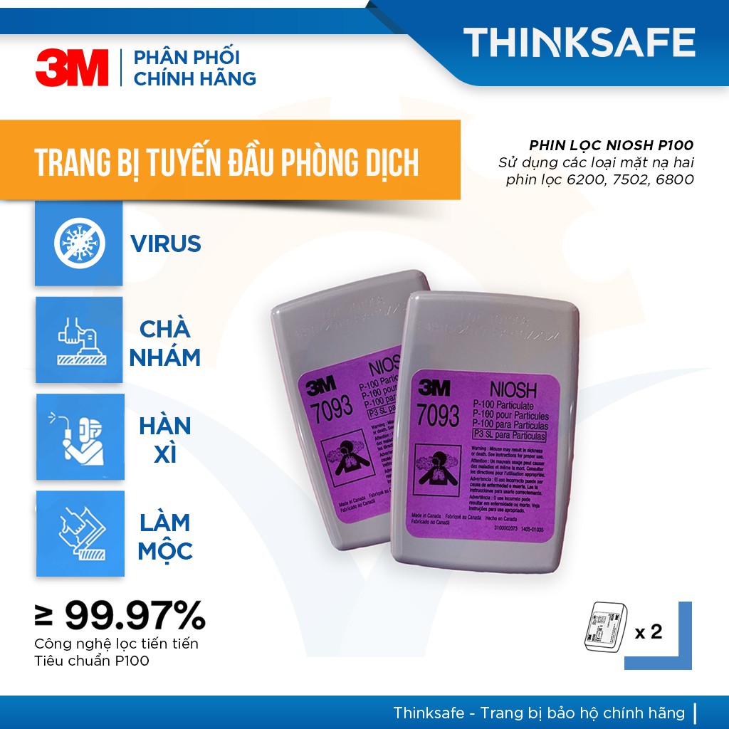 Phin lọc 3M Thinksafe, chuyên dùng phòng dịch, chống độc, chống giọt bắn, tiêu chuẩn P100/ N95, chính hãng - 3M 7093