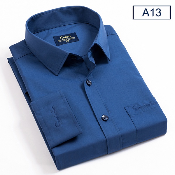 Áo Sơ Mi Nam Công Sở Trung Niên Thương Hiệu Anton Dài Tay Vải Cotton Xanh Đậm Trơn Có Túi -A13 - Hàng