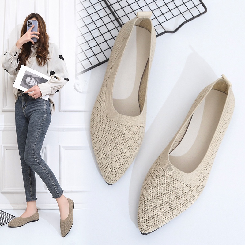 Giày Búp Bê Dệt Kim Mũi Nhọn Thoáng Khí Màu Sắc Xinh Xắn Cho Nữ