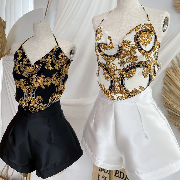 Áo crop họa tiết độc đáo buộc nơ hở lưng