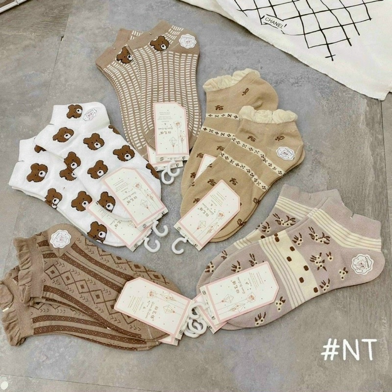 Combo 5 đôi tất gấu cổ ngắn họa tiết Gấu Brown đáng yêu kèm túi đựng
