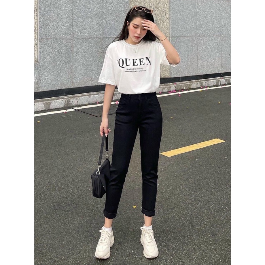 Quần jean nữ boyfriend baggy trơn dài đen và trắng co giãn HQJEANS