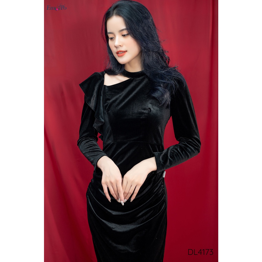 Đầm nhung, cổ hở, tay bồng, rúm eo Emspo DL4173
