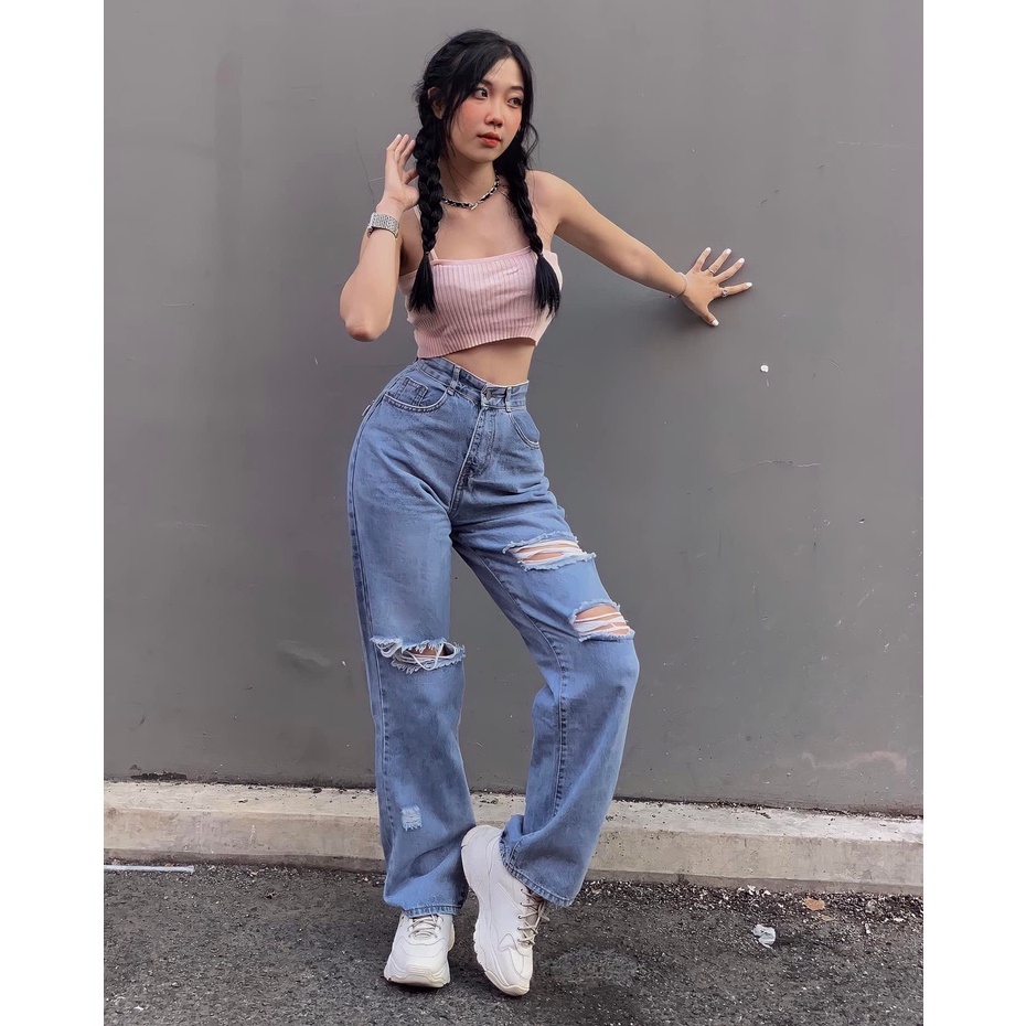 Quần Jeans Nữ Ống Rộng Lưng Cao Dáng Suông