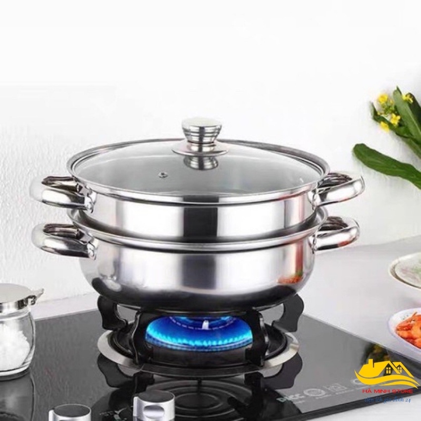 Nồi hấp 2 tầng inox đường kính 28cm, nồi hấp bánh bao, Xửng hấp 2 tầng đa năng phù hợp  với các loại bếp Hà Minh Store