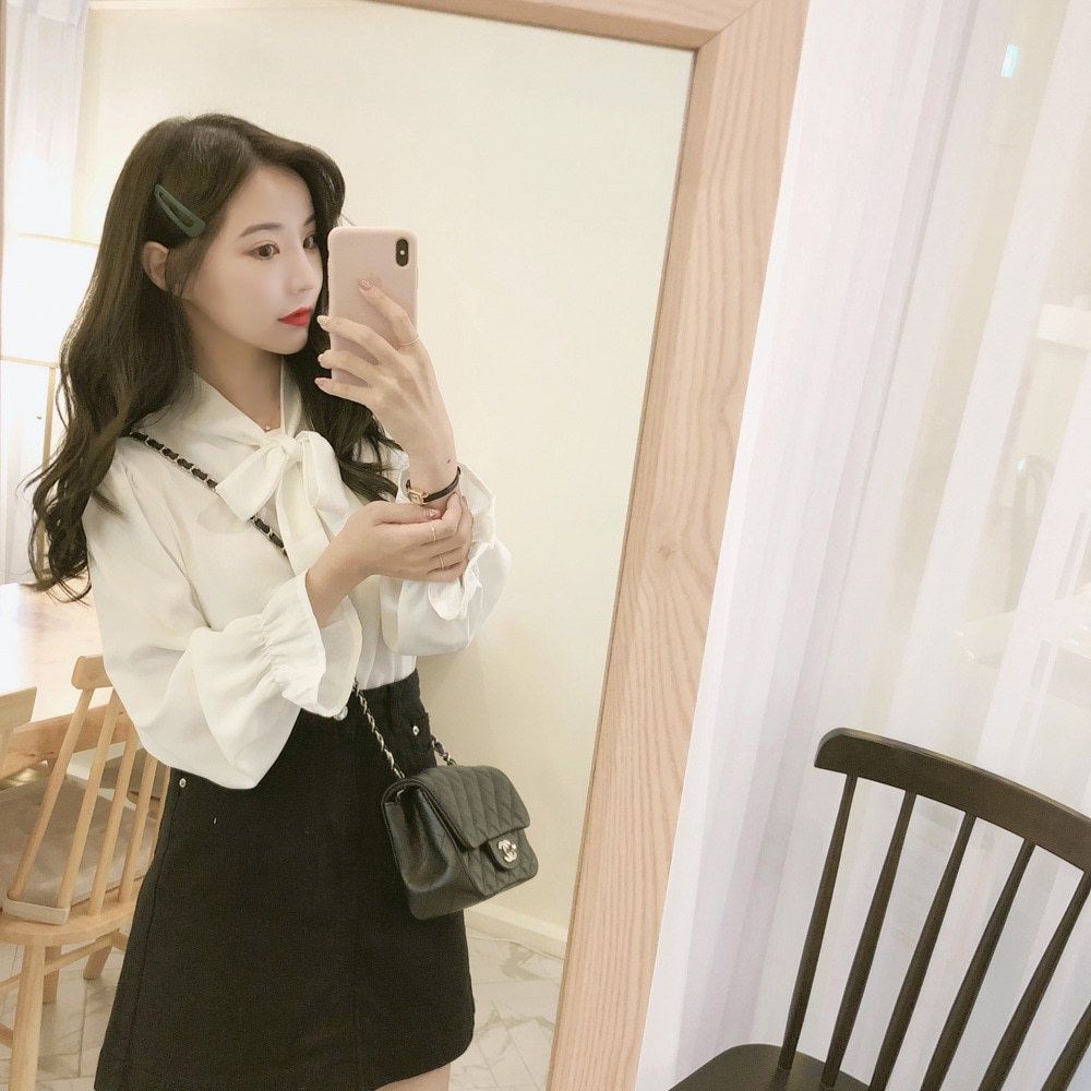 Áo Sơ Mi Nữ Công Sở Trơn Dài Tay Cổ Nơ Tay Bèo Chất Đũi 3 Màu F017