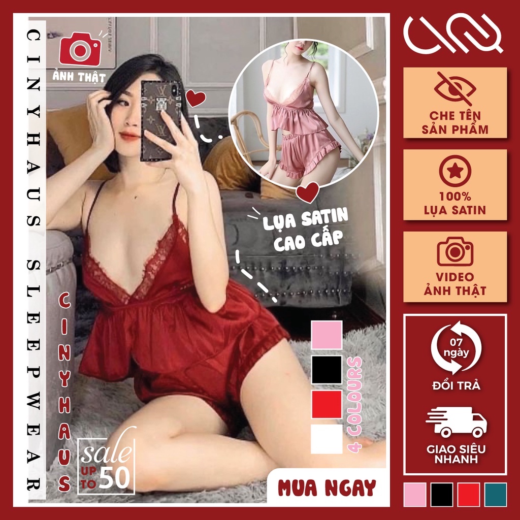 Đồ Ngủ Sexy 2 Dây Phối Ren Ngực Gợi Cảm Kèm Quần Đùi Bèo Lụa Satin Quyến Rũ Mềm Mại Thoáng Mát Freesize - CN008 CINY | BigBuy360 - bigbuy360.vn
