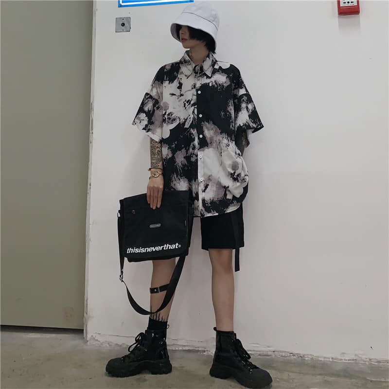 ÁO SƠ MI LOANG FORM RỘNG UNISEX - SƠ MI CỘC TAY LỠ VẢY SƠN ĐEN TRẮNG CÁ TÍNH NAM NỮ HOT
