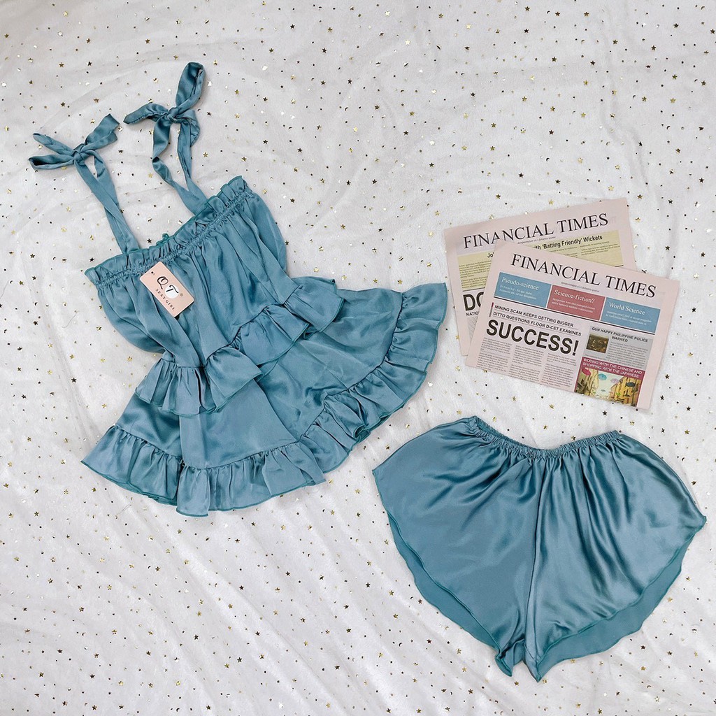 Đồ Ngủ Sexy - Đồ Ngủ Sexy 2 dây cột áo nhún tầng dễ thương freesize - Linqu Sleepwear