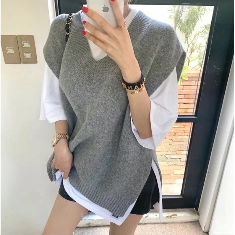 [HÀNG SẴN]ÁO LEN GILE Lông thỏ cổ V xẻ vạt bên hông