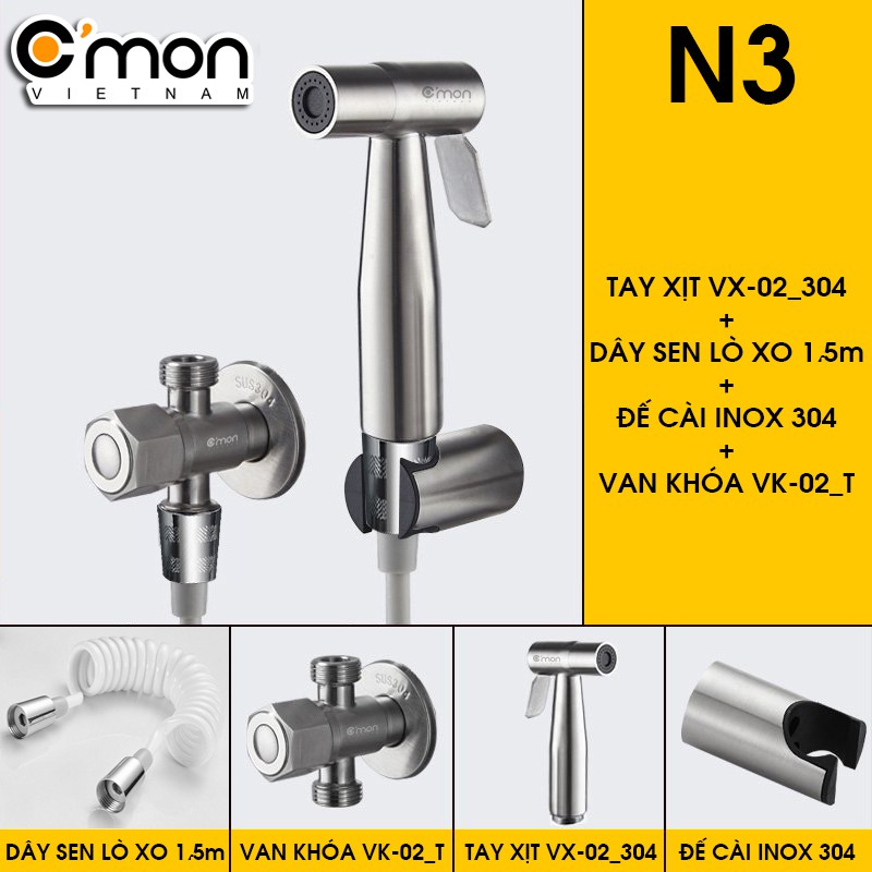 Bộ vòi xịt vệ sinh INOX 304 cao cấp C'MON VX-02-N (dây sen PU lò xo)