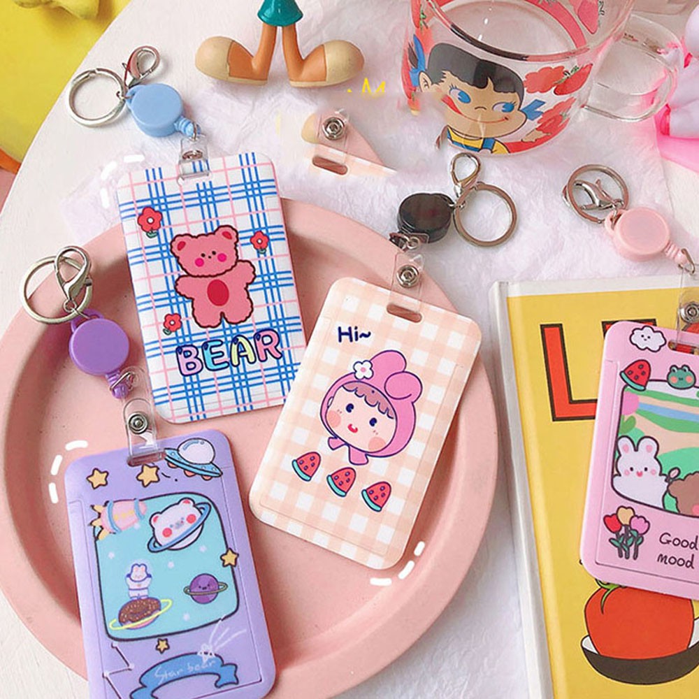 MOCHO Women Men Retractable Credit Card Holders Lovely Short Rope Keychain Bus Card Holder Cartoon Pattern Cute School Student Bag Pendant Bear Rabbits Girls Animal Korean style Name Card Protection Cover