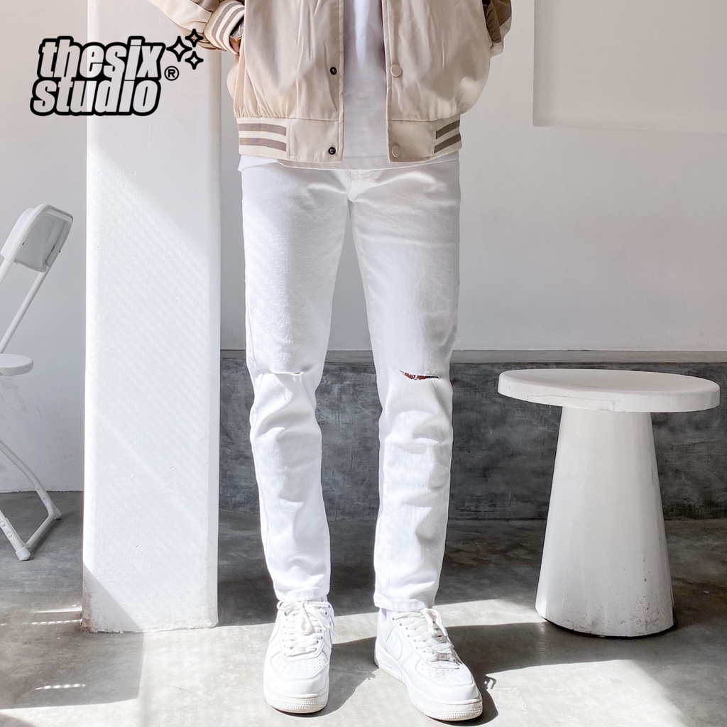 Quần jean trắng nam trơn-rách gối Form slim-fit Chất jean co giãn THESIX.stw