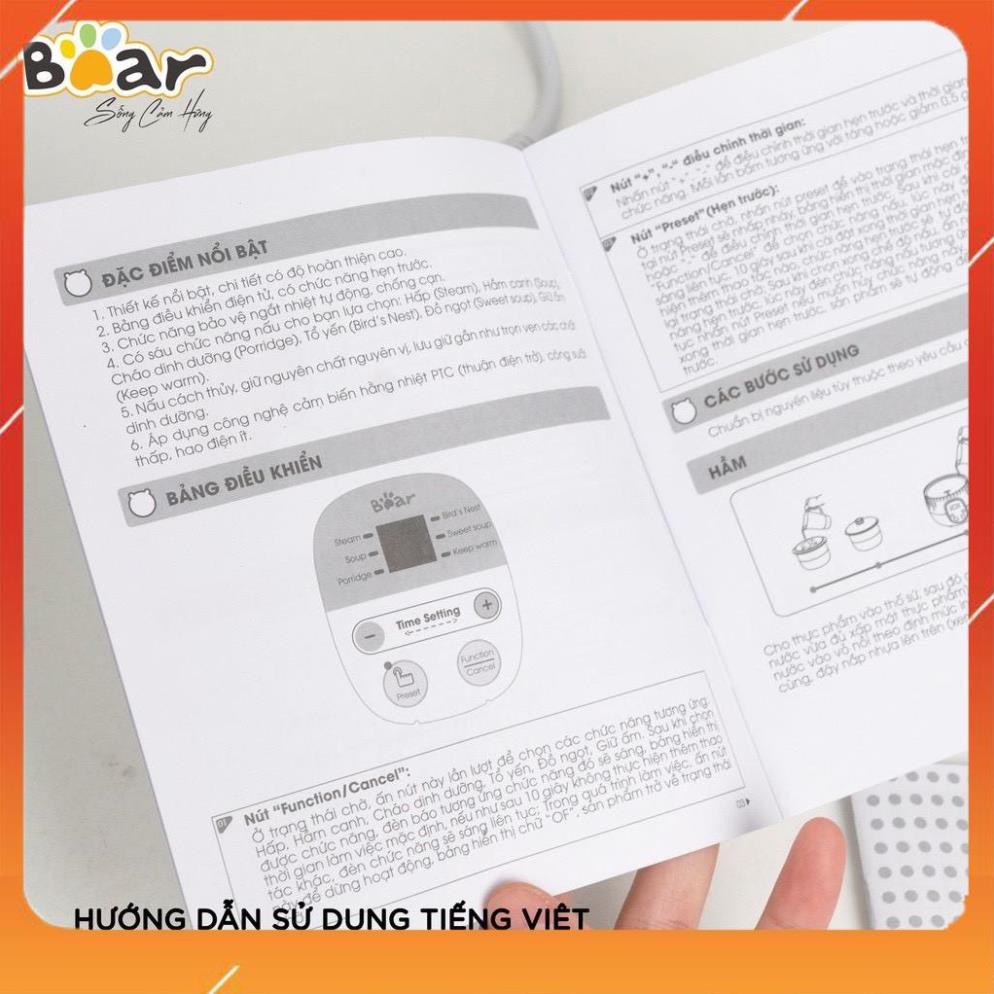 (CAM KẾT CHÍNH HÃNG - PHIÊN BẢN QUỐC TẾ BH 1 NĂM) NỒI BEAR 0,8L NẤU CHÁO ĂN DẶM, NINH, HẦM, CHƯNG YẾN CÁCH THUỶ 4 IN 1