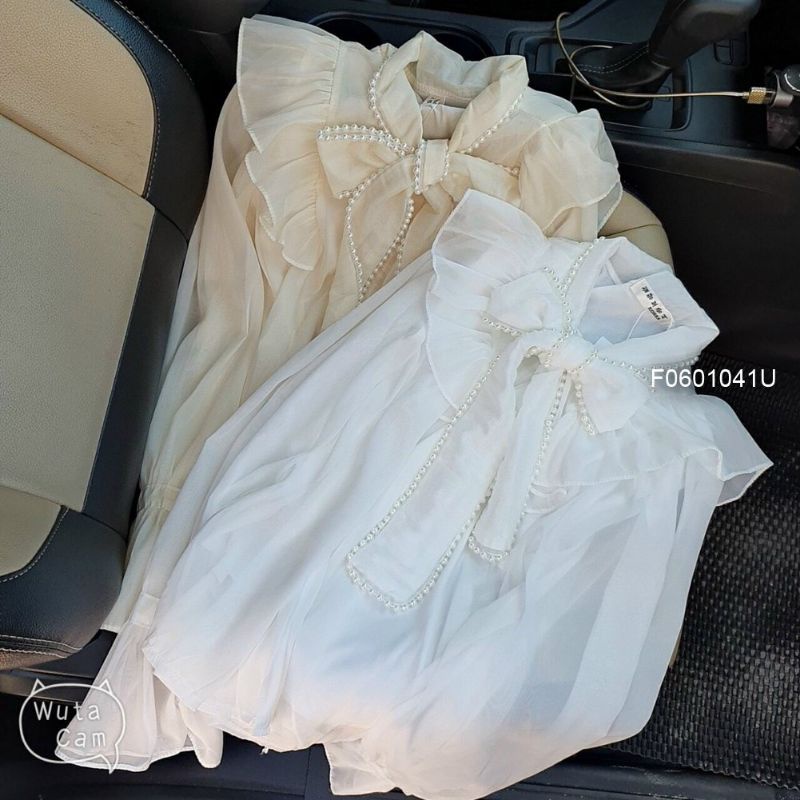 Áo sơ mi kiểu nơ viền ngọc phối bèo hàng nhập Quảng Châu 0601