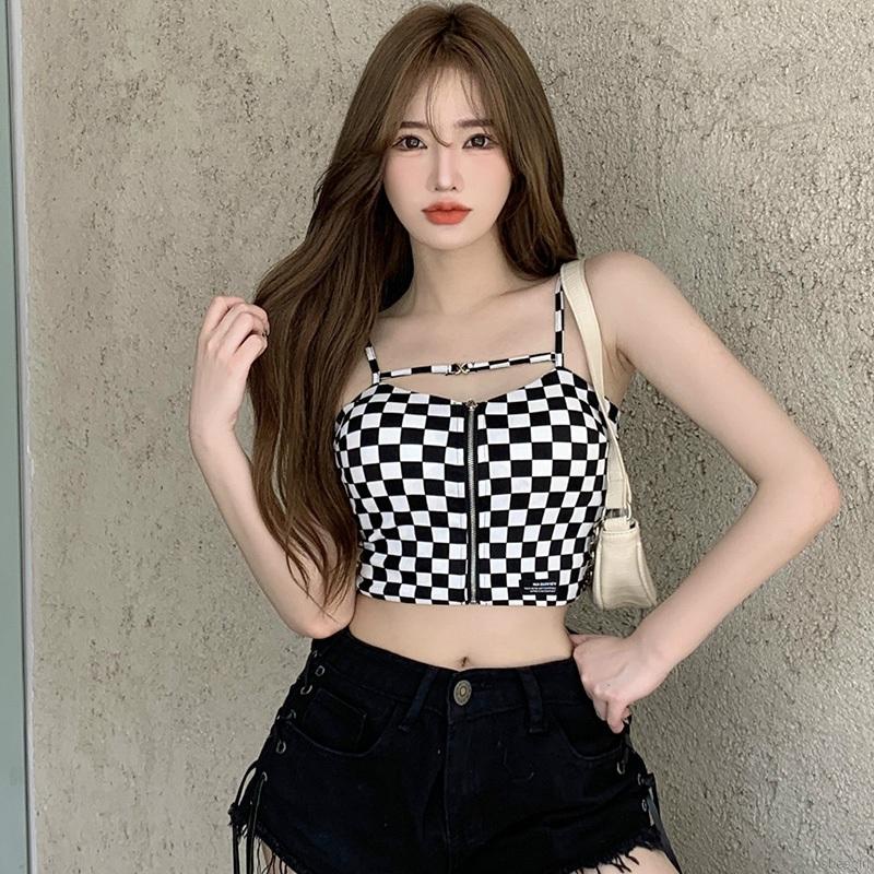 Áo Tank Top Có Khóa Kéo Họa Tiết Sọc Caro Thiết Kế Ôm Sát Quyến Rũ Thời Trang Cho Nữ