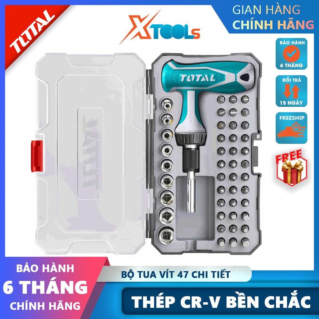 Bộ tua vít tay cầm chữ T 47 chi tiết đa năng TOTAL TACSD30476 đóng mở 2 chiều tự động có nam châm