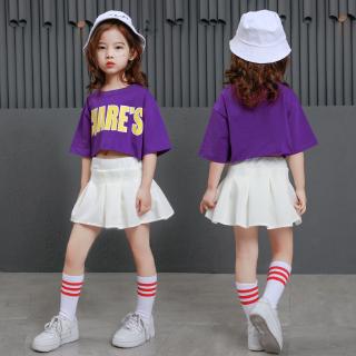 🍭Bubugou Mùa Hè Đường Phố Khiêu Vũ Phù Hợp Với Thời Trang Jazz Khiêu Vũ Quần Áo Bé Gái Trang Phục Đẹp Hip Hop Chữ Nửa Tay Playing Dễ Thương Váy Trắng Phù Hợp Với