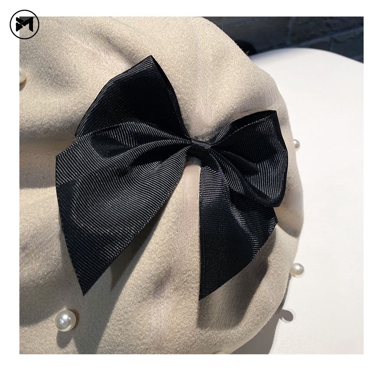 Mũ Beret Len Đính Nơ Ngọc Trai Dễ Thương Phong Cách Lolita Nhật Bản