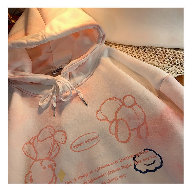 Áo Hoodie Dày Dặn Nhuộm Màu Hồng Hình Gấu Dễ Thương Phong Cách Nhật Bản Cho Nữ