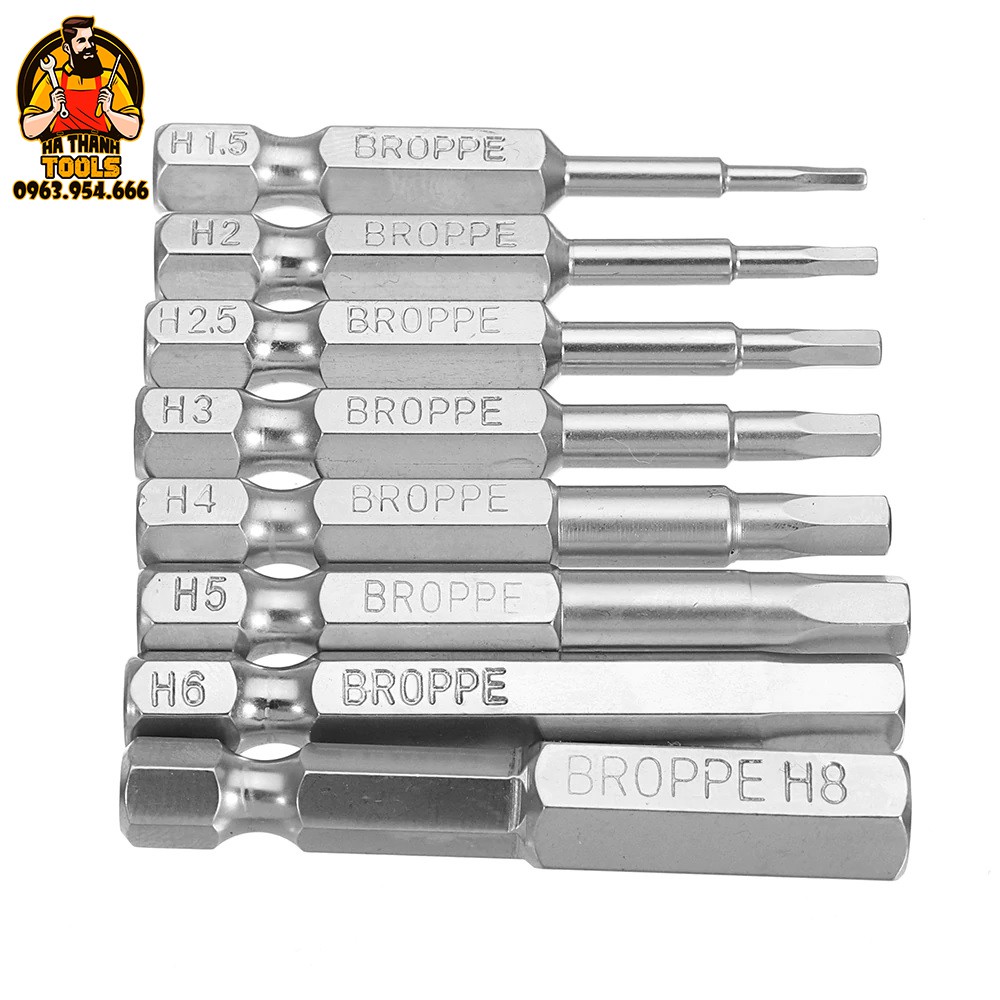 Bộ 8 Mũi Bắn Vít Lục Giác BROPPE 50mm Cho Khoan Pin, Khoan Điện H1.5 - H8