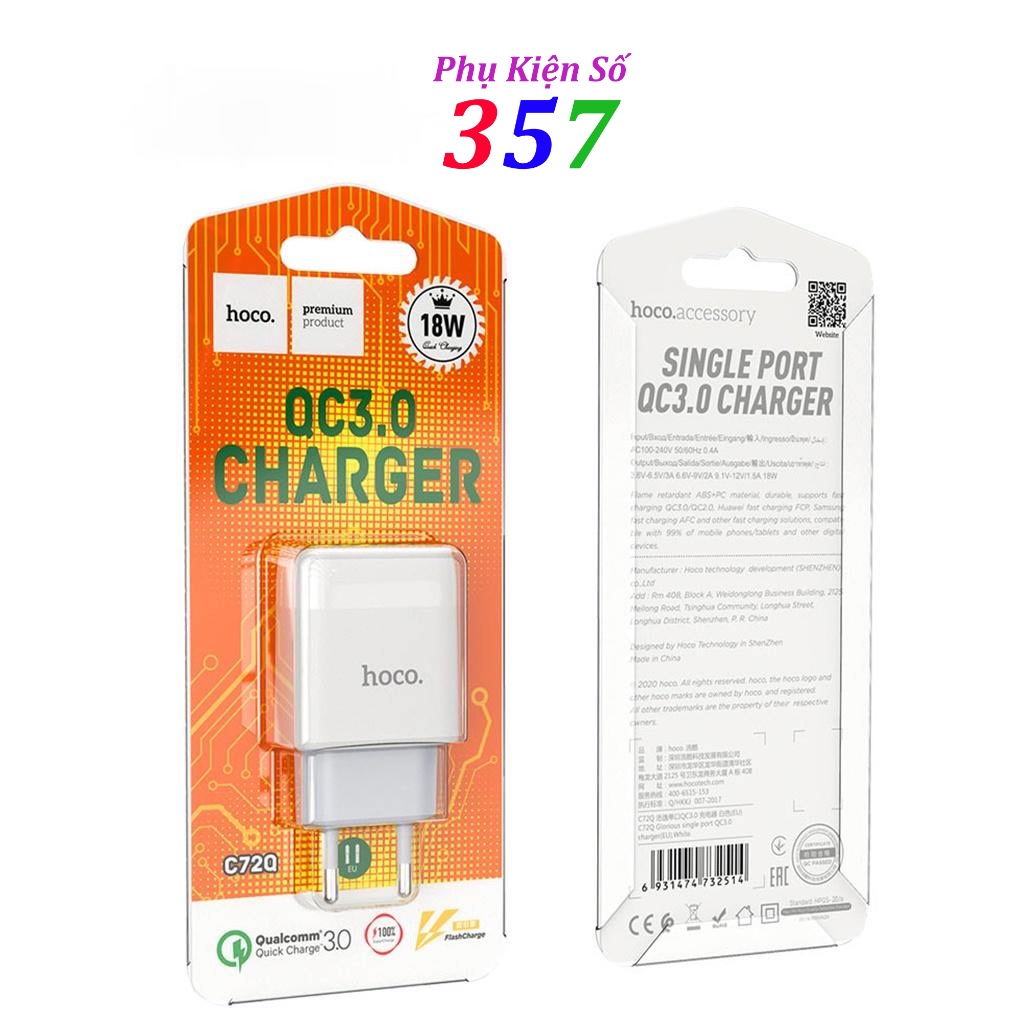 Củ sạc 18W Hoco C72Q chuôi tròn 1 cổng USB chất liệu PC chống cháy hỗ trợ QC3.0