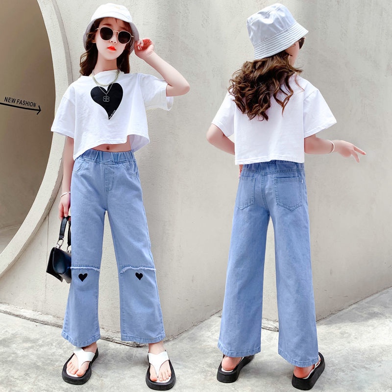 Quần Jean Dài Lưng Cao Ống Rộng Thời Trang Xuân Thu Cho Bé Gái