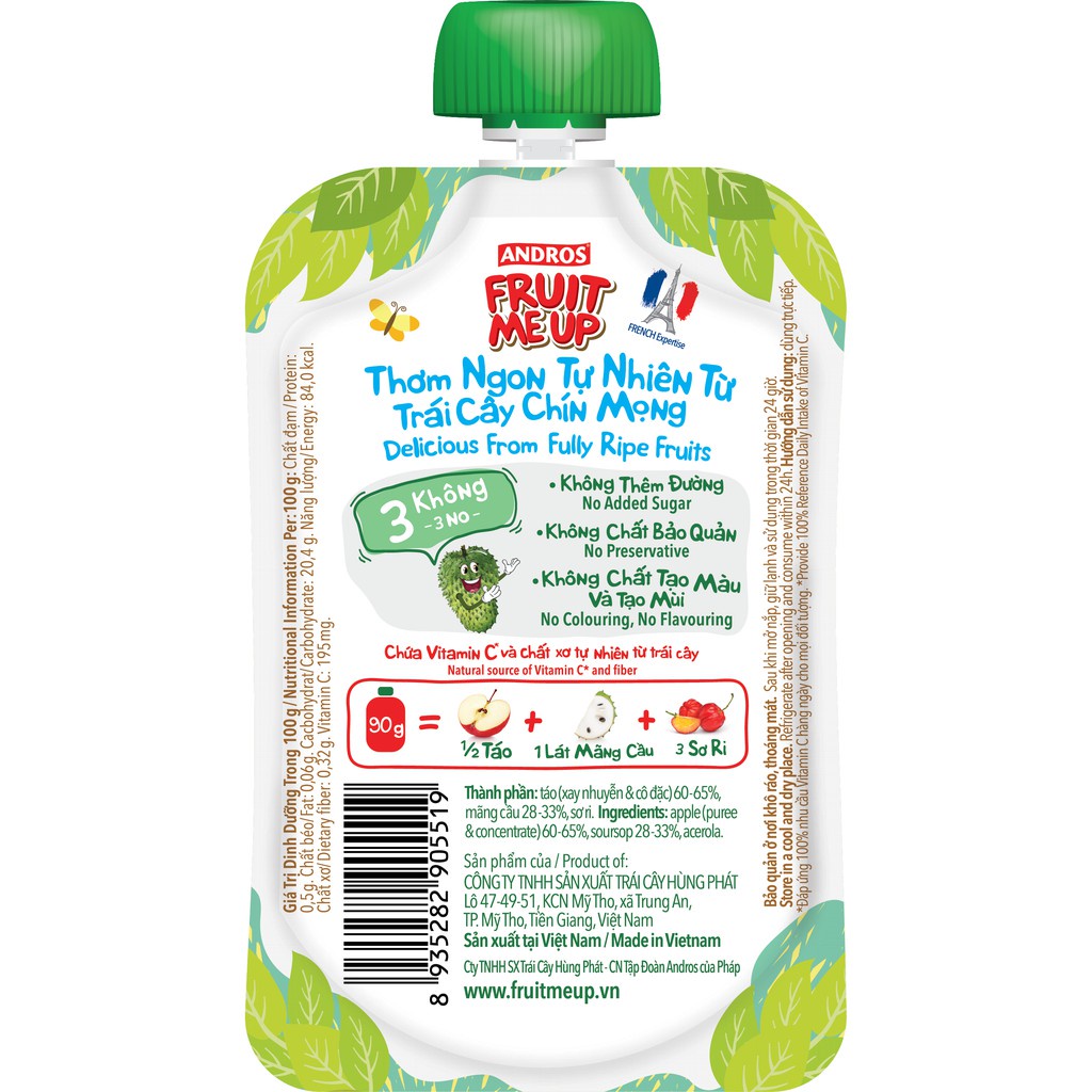 Combo 8 túi Trái Cây Xay Nhuyễn Vị Mãng cầu táo - 100% trái cây thật - ANDROS FRUIT ME UP - 90gx8