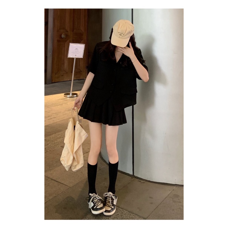 Bộ Áo Khoác Ngắn Tay Dáng Rộng + Chân Váy Lưng Cao Thời Trang Hàn Quốc Dành Cho Nữ