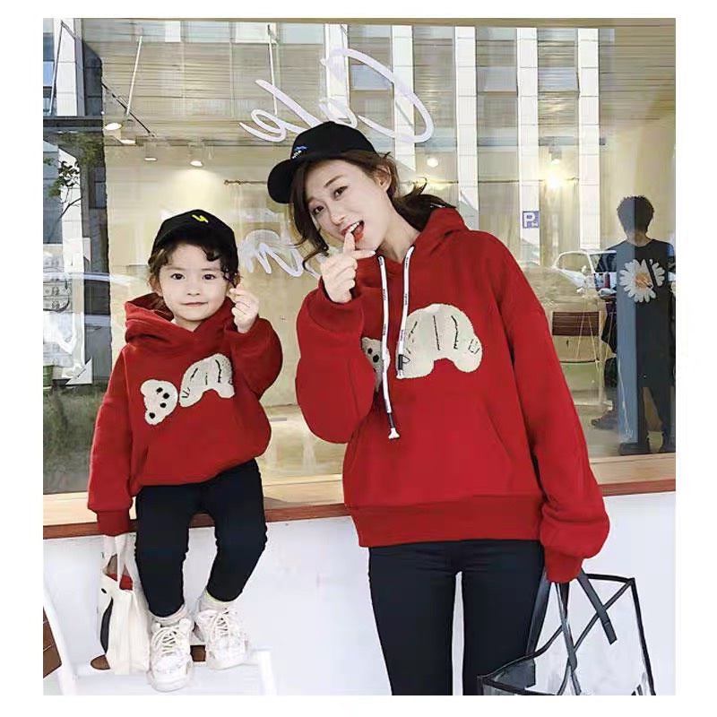 AB145 - ÁO NỈ HOODIE ĐÔI MŨ LIỀN ĐỎ GẤU MẸ VÀ BÉ | BigBuy360 - bigbuy360.vn