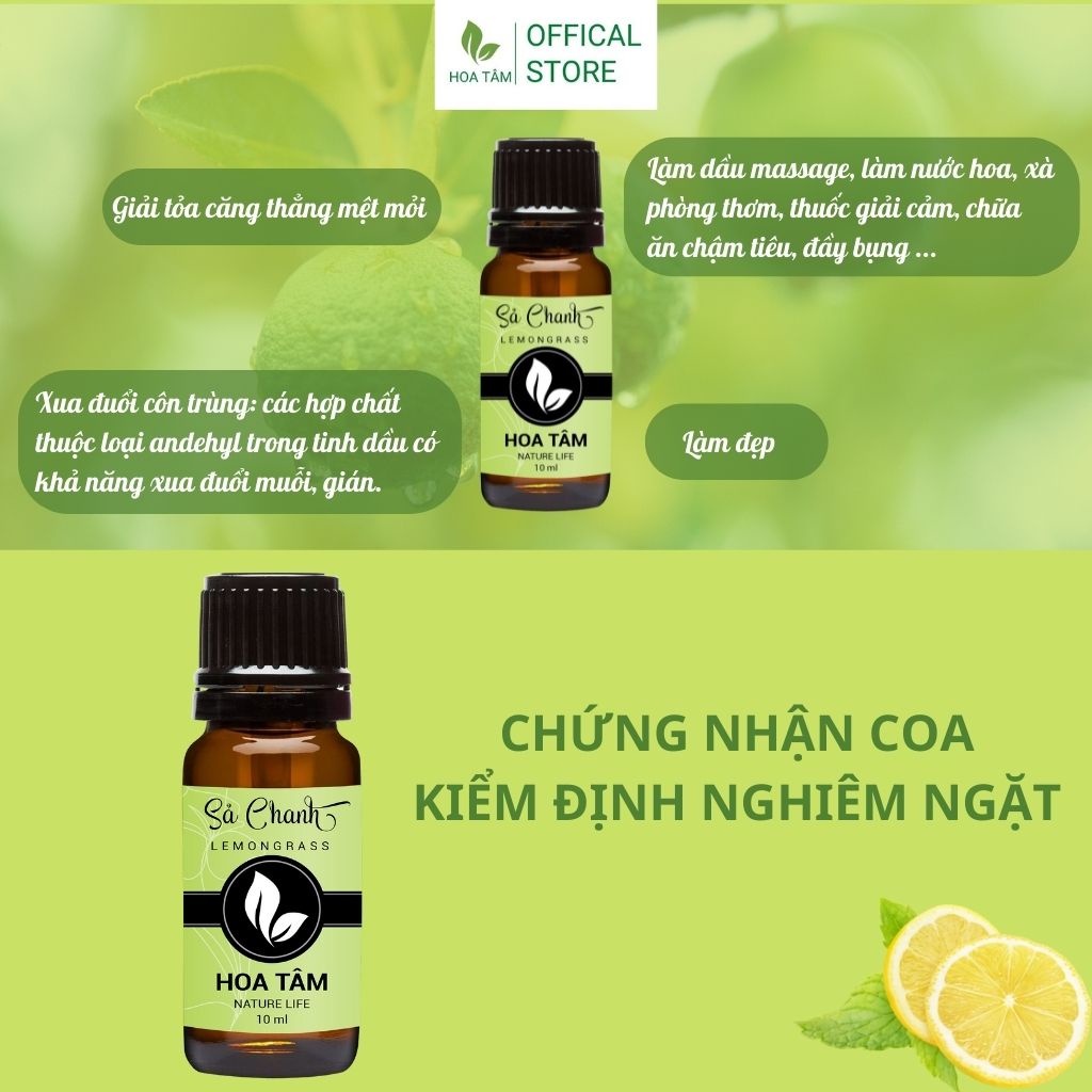 Tinh dầu sả chanh nguyên chất chiết xuất từ thiên nhiên | Chứng nhận COA | Tinh dầu Hoa Tâm